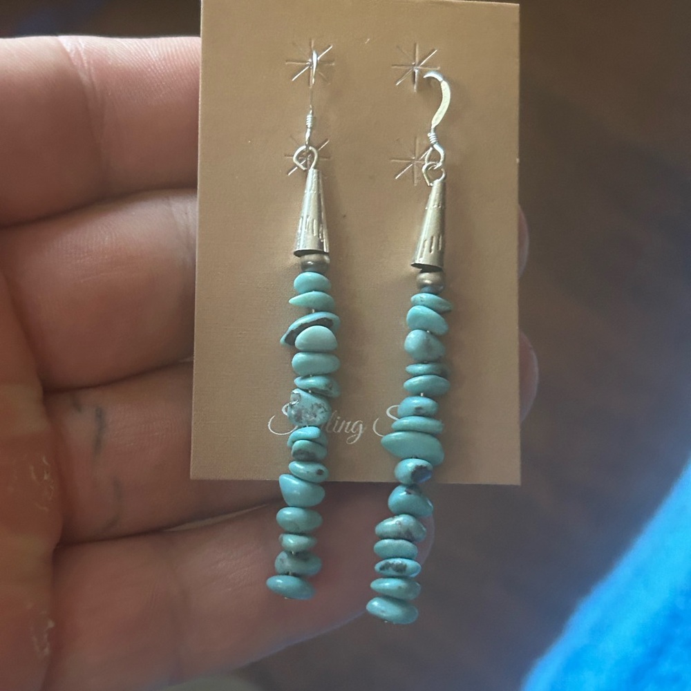 STERLING SILVE NATIVE AMERICAN NAVAJO PEARL TURQUOISE CHIP DANGLE EARRINGS 2.75”